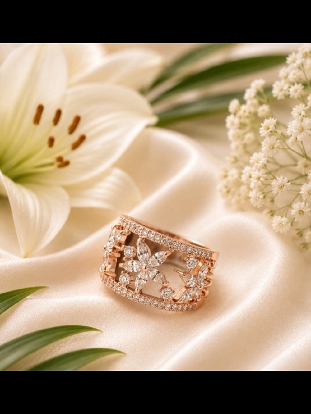 Elegant Rose Gold Floral Crystal Band Ring - Women Jewelry
